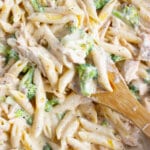 Skillet full of chicken broccoli pasta.