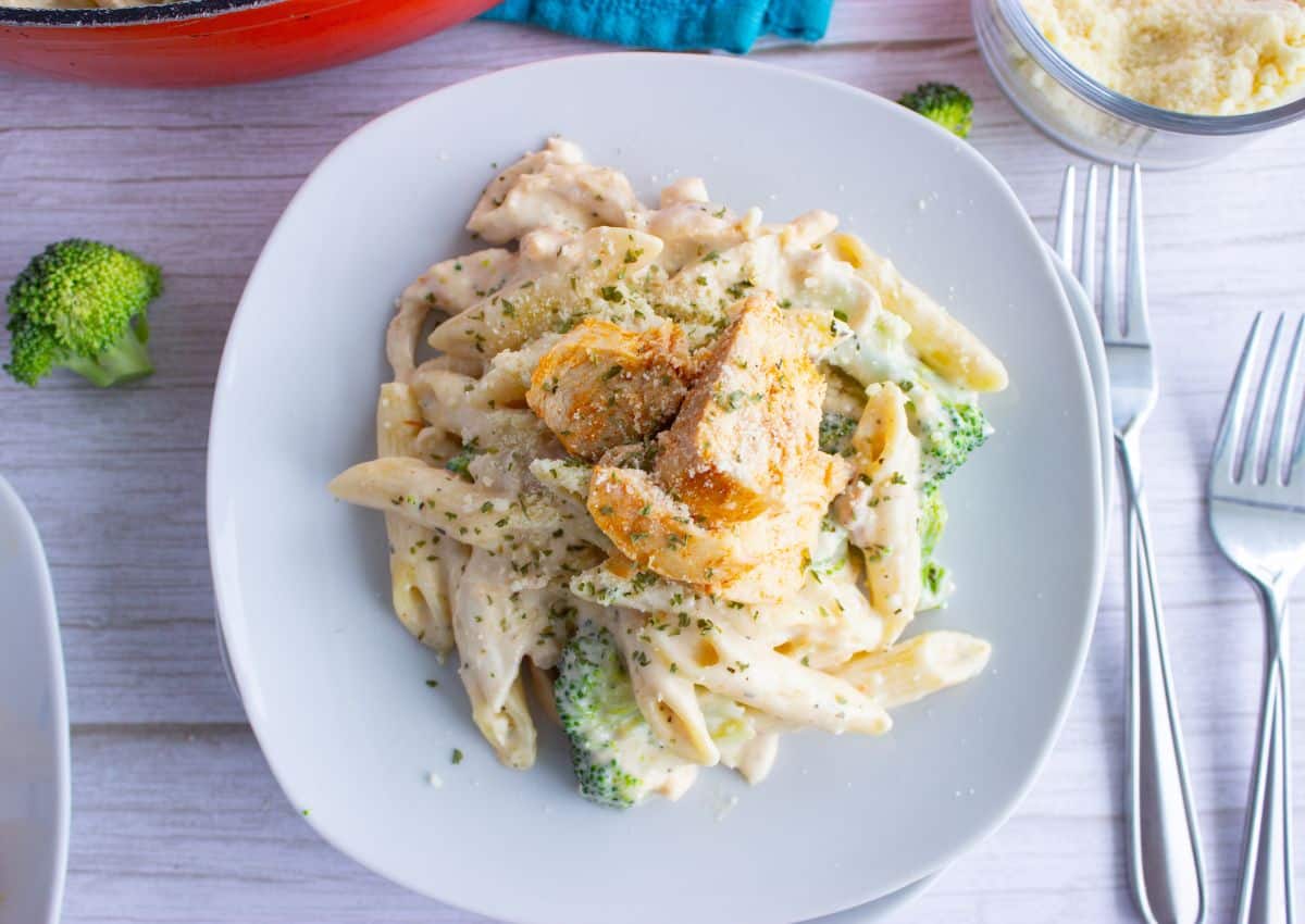 Plate full of chicken broccoli pasta.