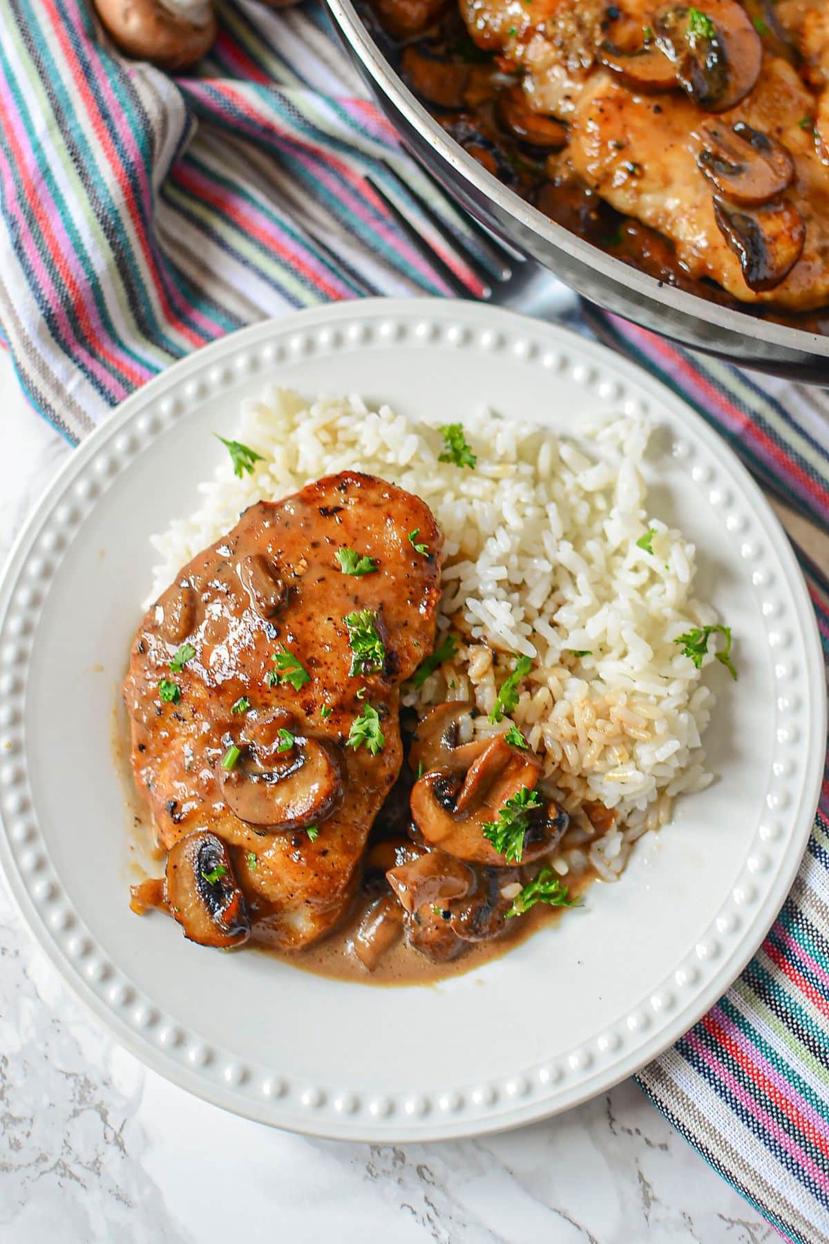 Chicken and rice on a plate.