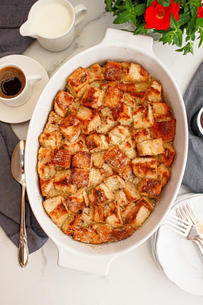 Casserole dish full of creme brulee casserole.