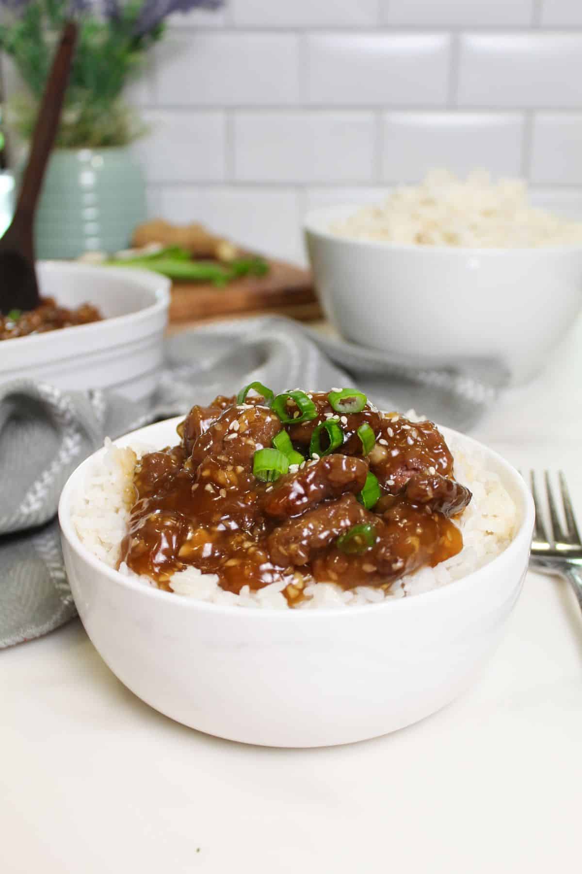 Bowl of rice and teriyaki flank steak.
