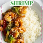Bowl of honey garlic shrimp and rice.