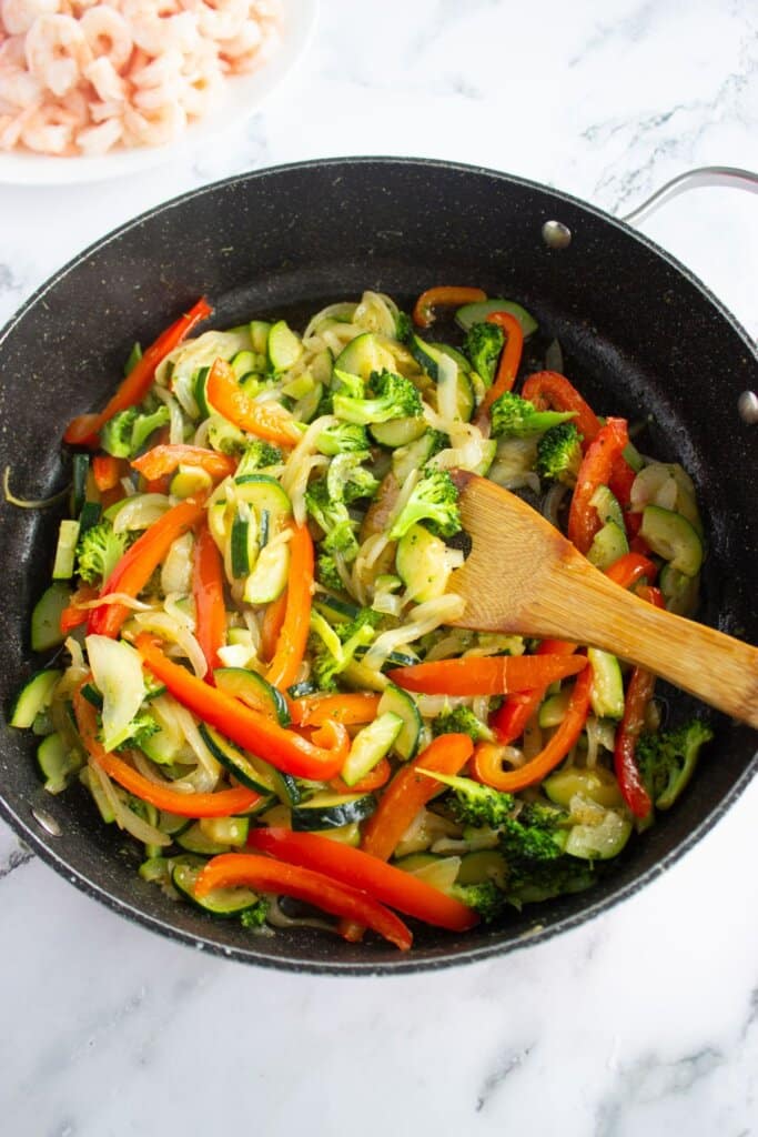 Broccoli and peppers in a skillet.