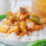 Bowl of jalapeno chicken over rice.