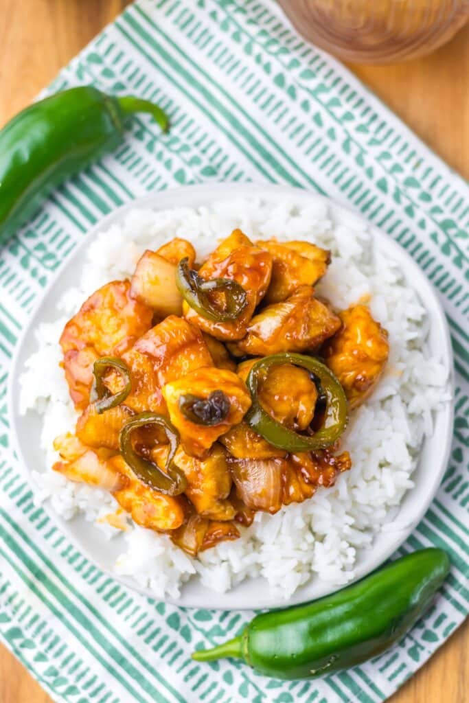 Plate of rice and jalapeno chicken.
