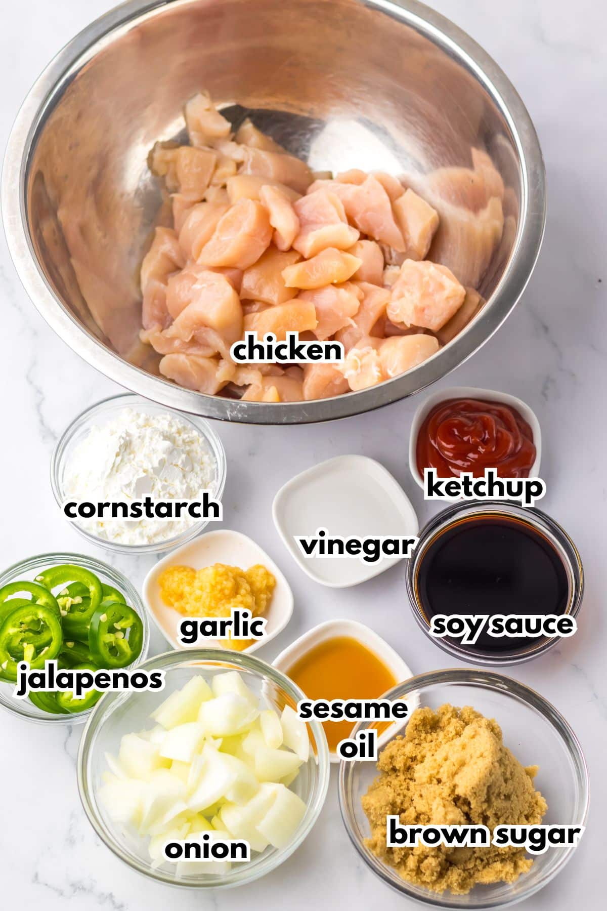 Bowls of ingredients on a counter.