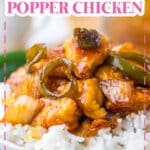 Bowl of jalapeno chicken over rice.
