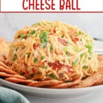 Cheese ball surrounded by crackers on a platter.