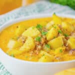 Bowl of potato and sausage chowder.