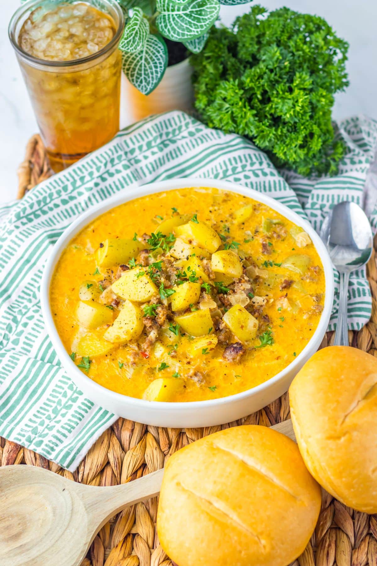 Bowl of potato and sausage chowder.