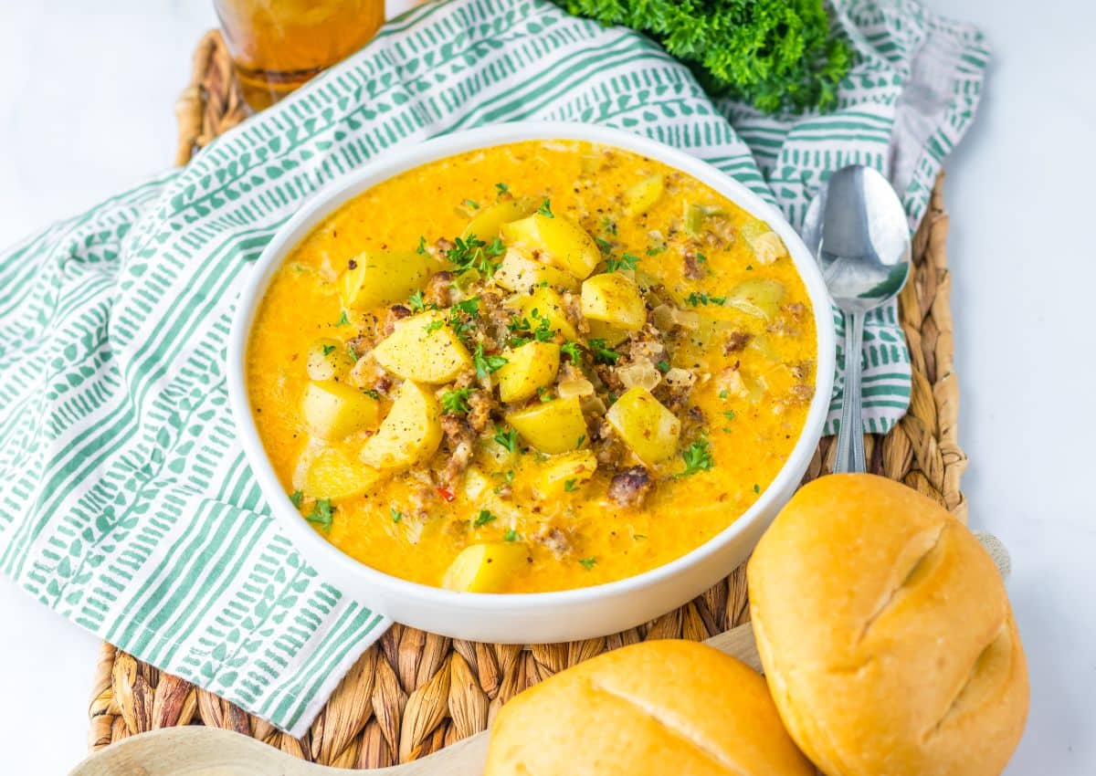 Bowl of potato and sausage chowder.