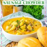 Bowl of potato and sausage chowder.