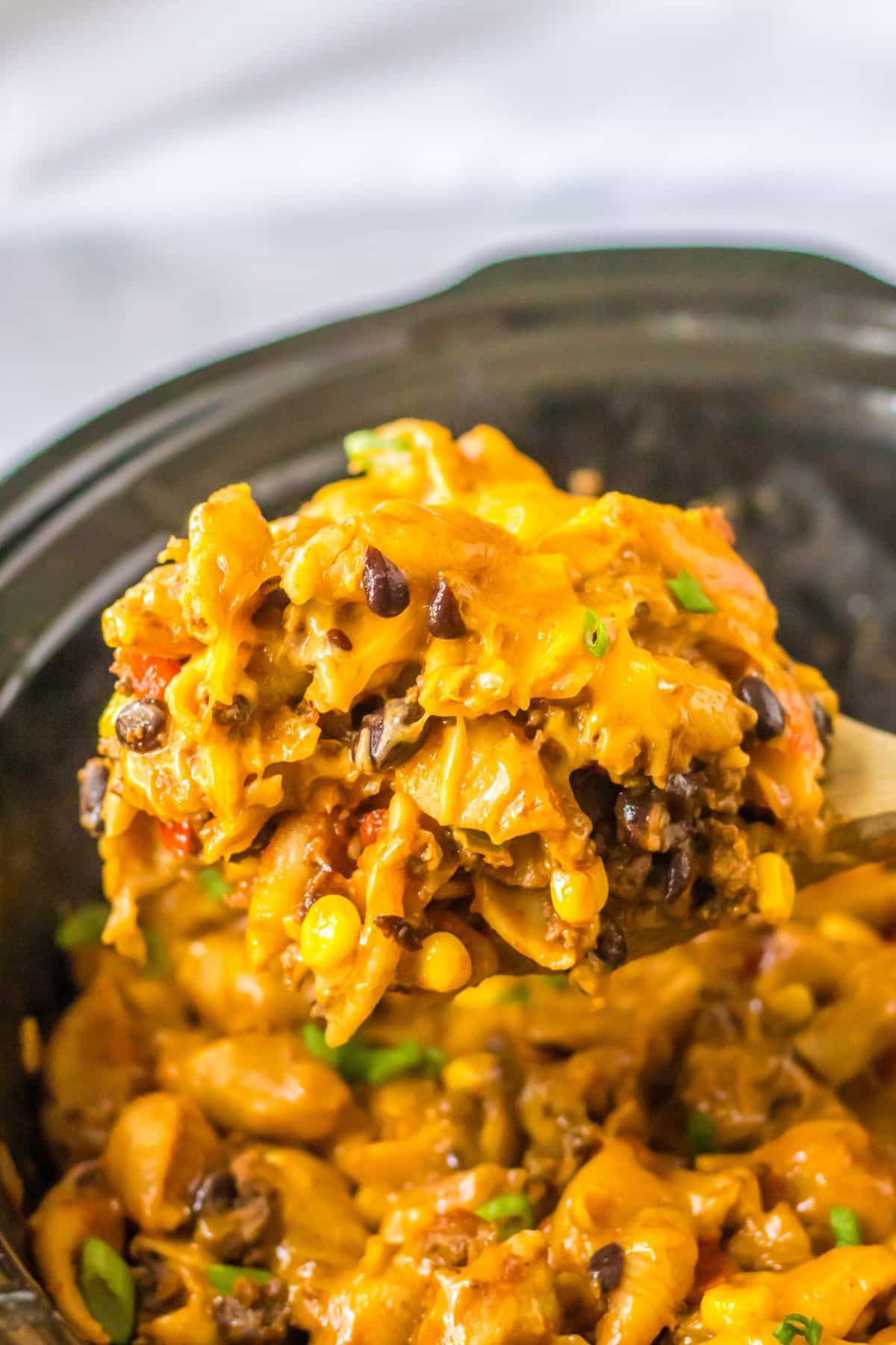 Slow cooker taco pasta in a slow cooker.