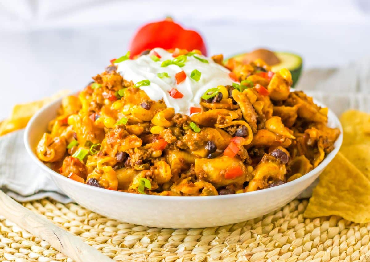Bowl of taco pasta ready to be served.