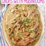 Serving platter of smothered pork chops with gravy.