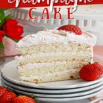 Slice of strawberry champagne cake on a plate.