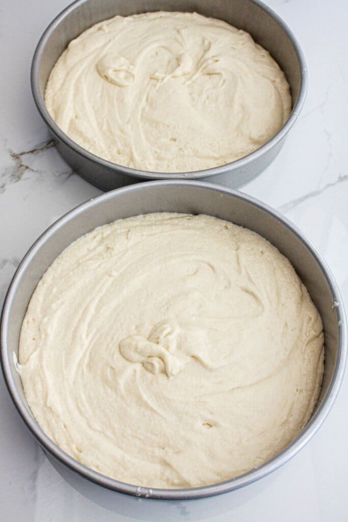 Cake batter in two round cake pans.