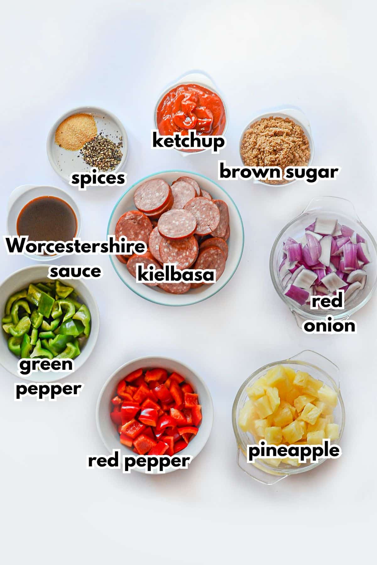Bowls of ingredients on a counter ready to cook.