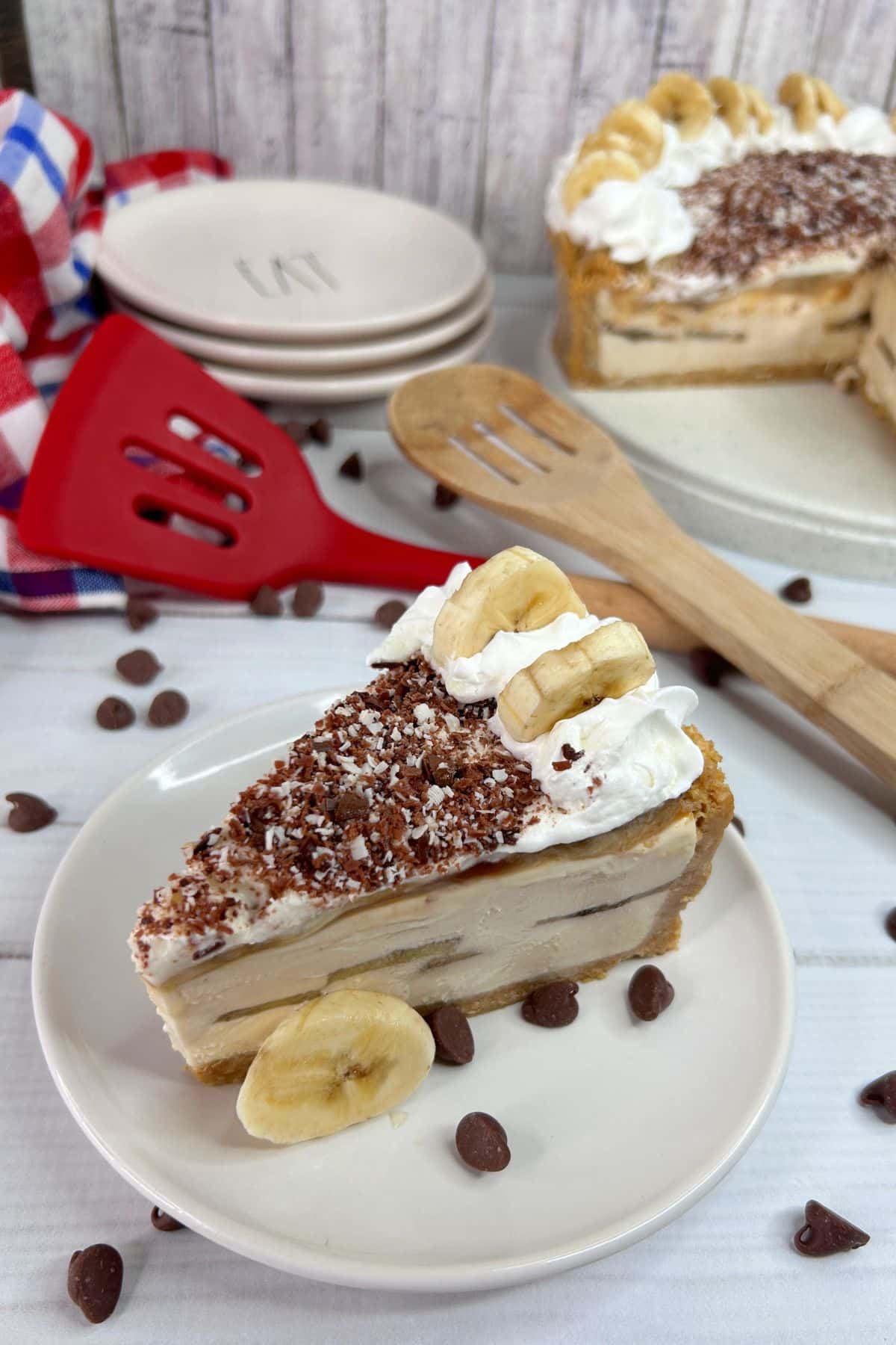 Slice of banoffee on a plate.