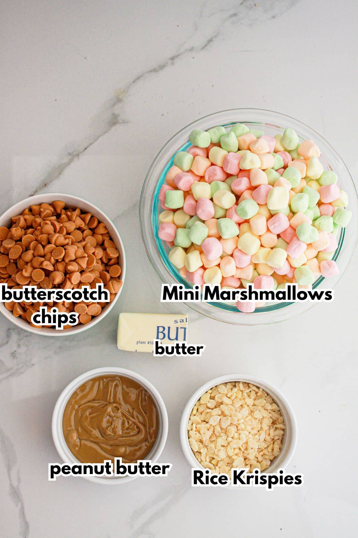 Bowls of ingredients ready to bake on a counter.