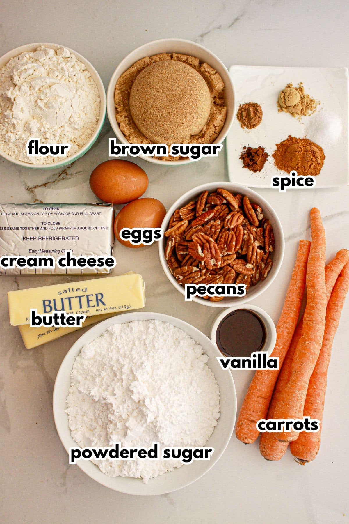 Bowls of ingredients on a counter ready to bake.