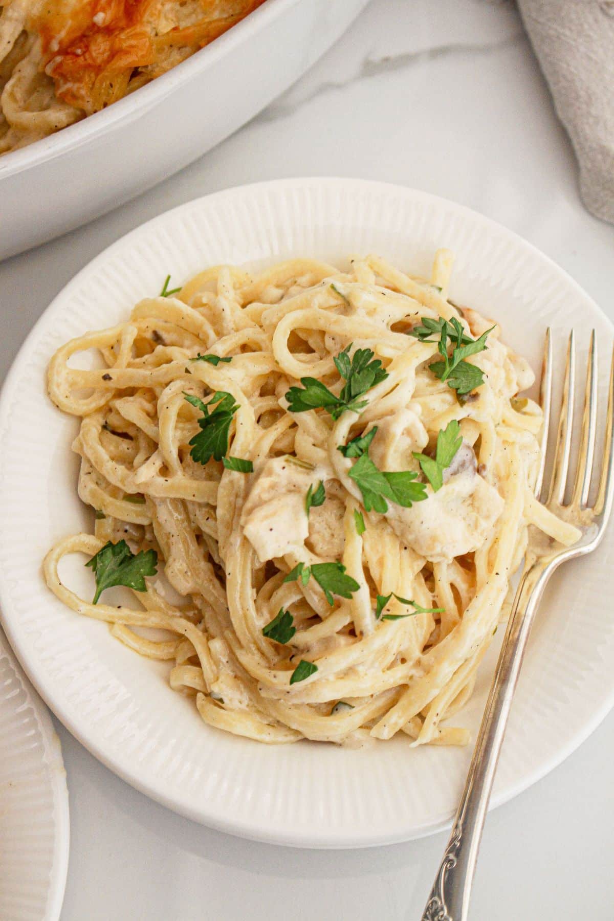 Plate full of easy chicken tetrazini.