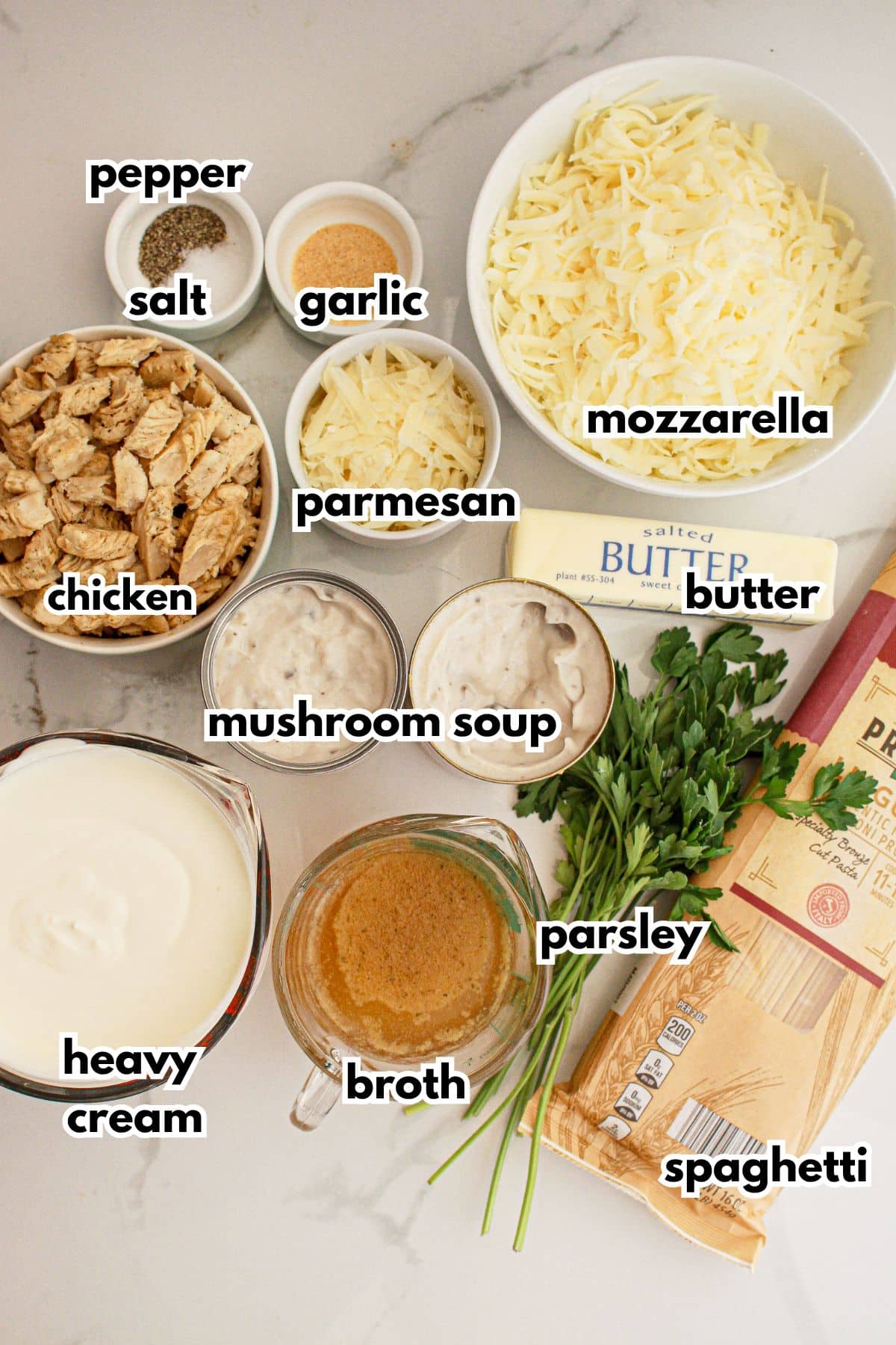 Bowls of ingredients labelled with text on a counter.