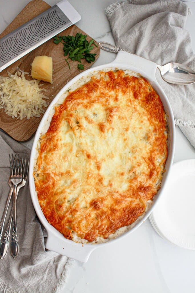 Casserole dish full of chicken tetrazini.