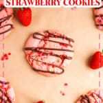 Choccolate covered strawberry cookies on a table.