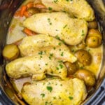 Slow cooker creamy ranch chicken in a crockpot.