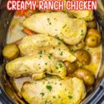 Slow cooker creamy ranch chicken in a crockpot.
