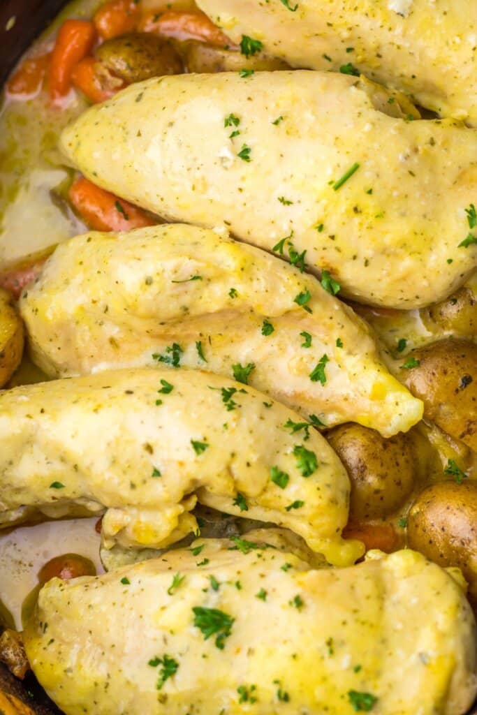 Slow cooker creamy ranch chicken in a crockpot.