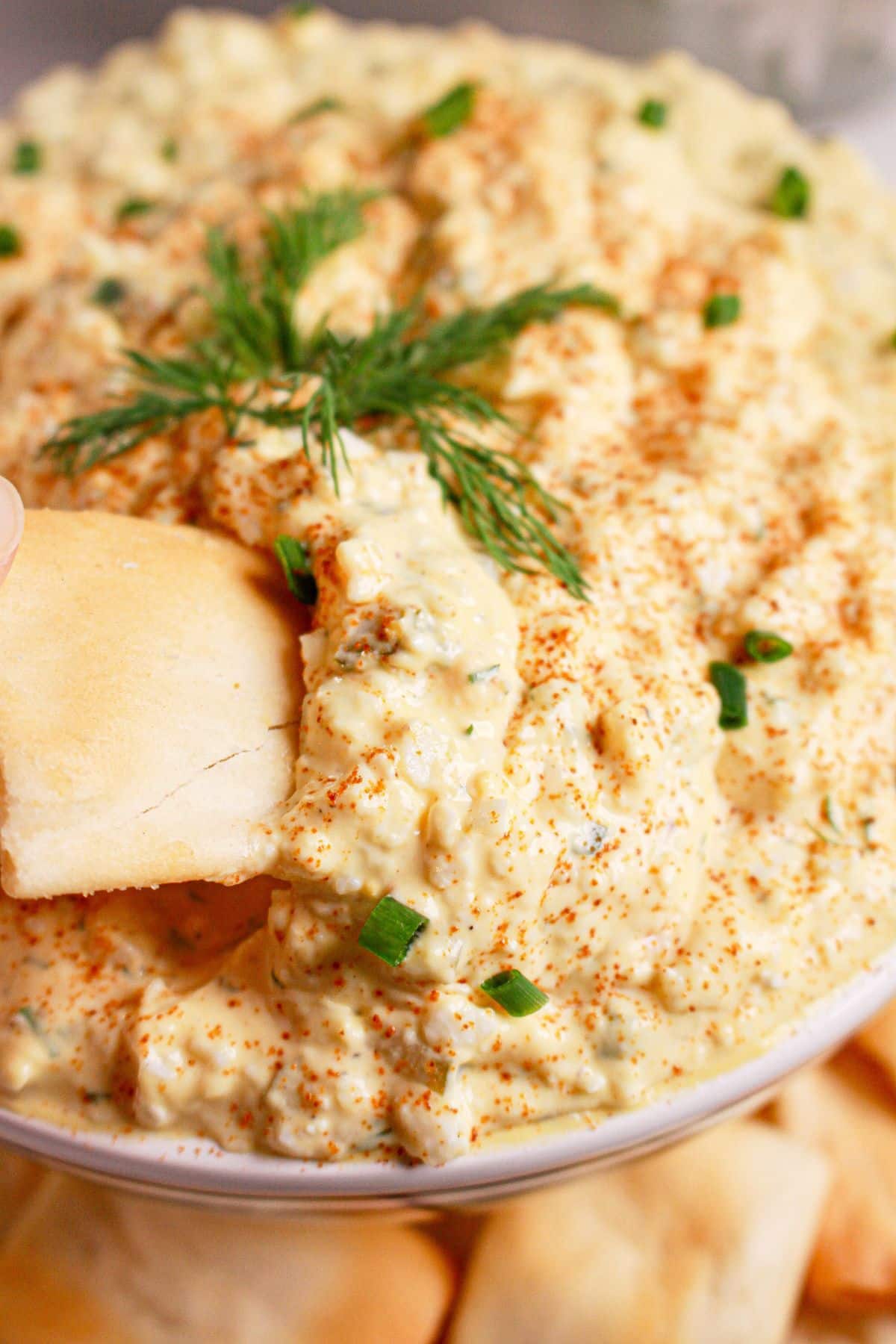 Pita chip taking dip from a bowl.