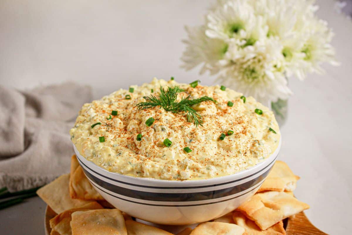 Deviled egg dip in a serving bowl.