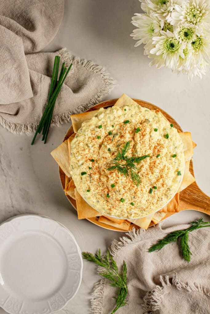 Deviled egg dip in a serving bowl.