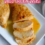 Honey garlic chicken breasts on a serving platter.