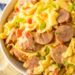 Bowl full of one pot sausage pasta.