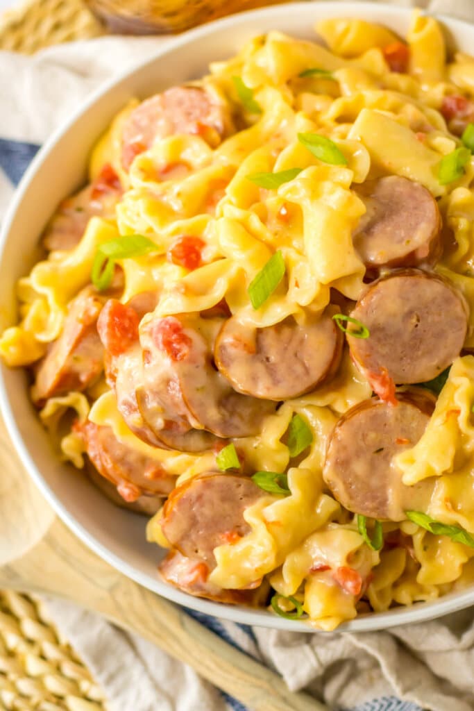 Bowl full of one pot sausage pasta.