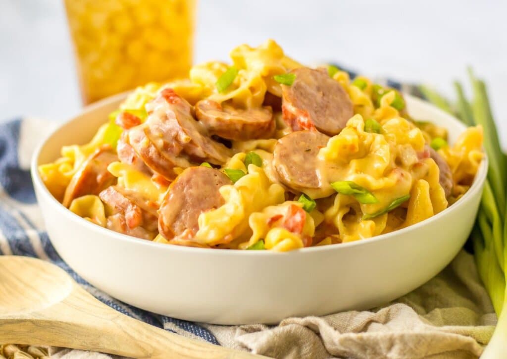 Bowl full of one pot sausage pasta.