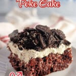 Oreo poke cake on a plate.