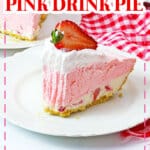 Slice of pink drink pie on a plate.