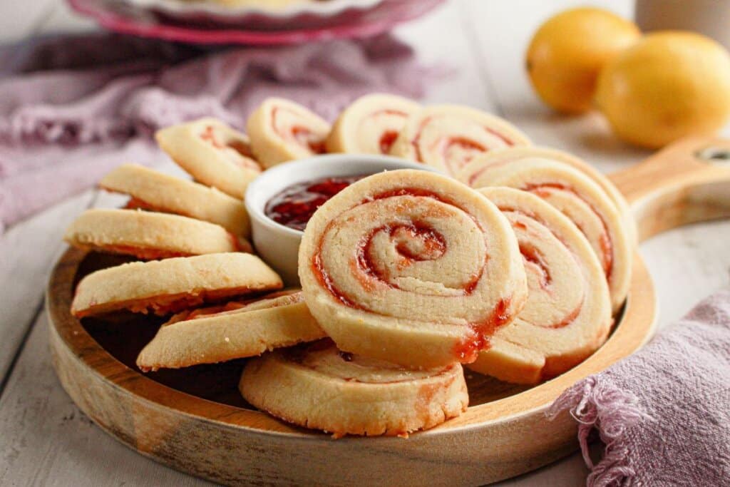 Raspberry lemon cookies on a serving tray.