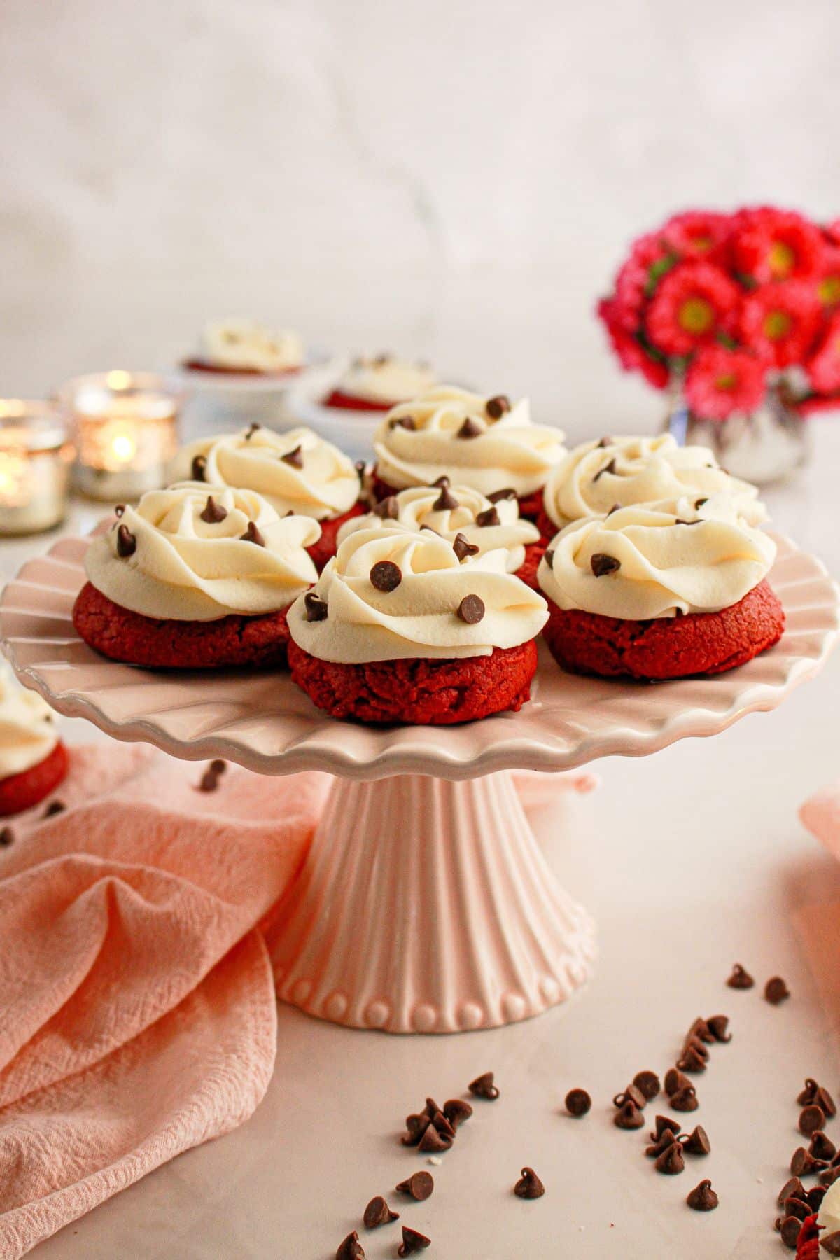 Red vevlet cookies on cookie platter.