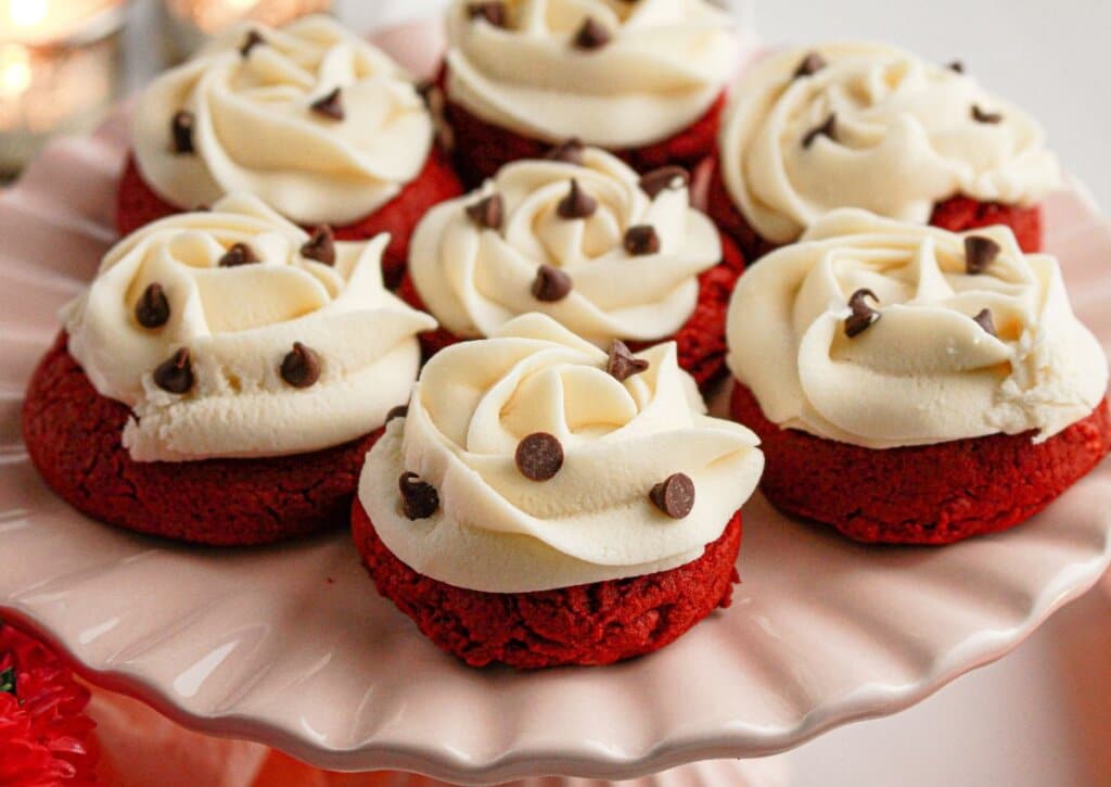 Red vevlet cookies on cookie platter.