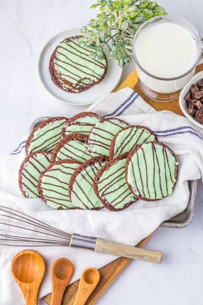 Baking pan full of thin mint cookies.