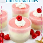 Raspberry prosecco cheesecake cups on a counter.