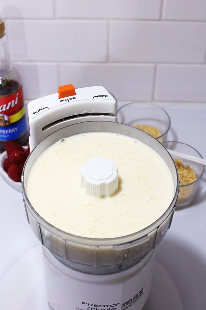 Filling being mixed in a food processor.
