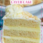 Slice of banana pudding layer cake on a small plate.