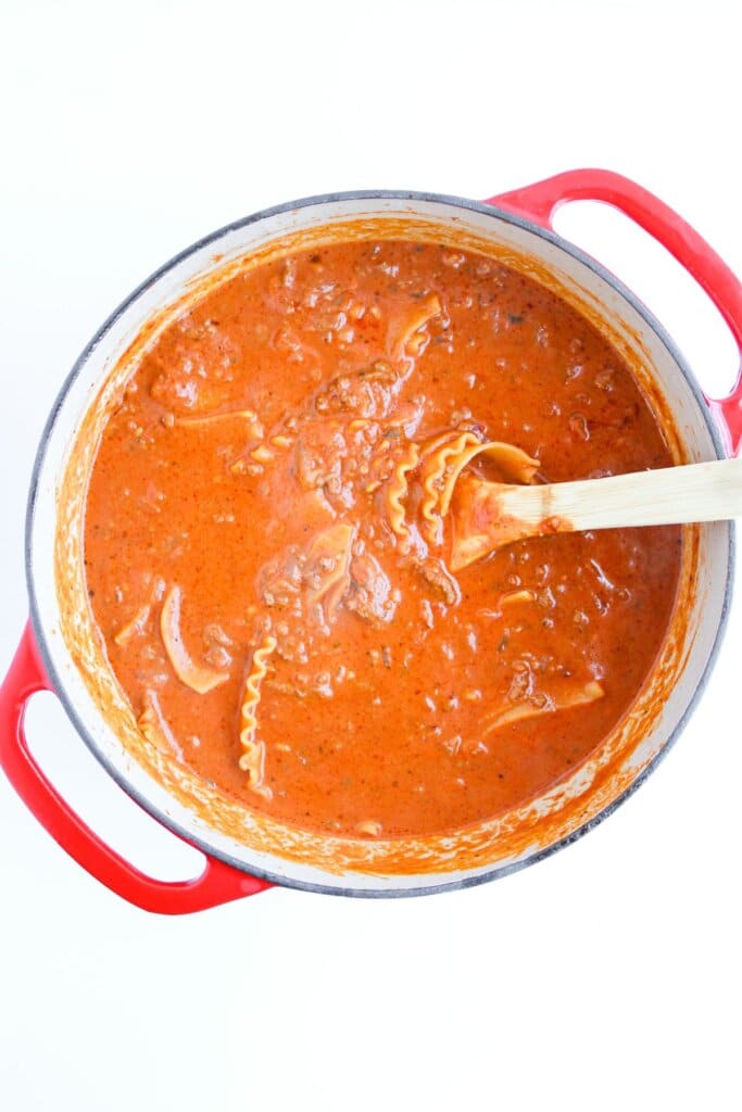 Large dutch oven full of easy lasagna soup.