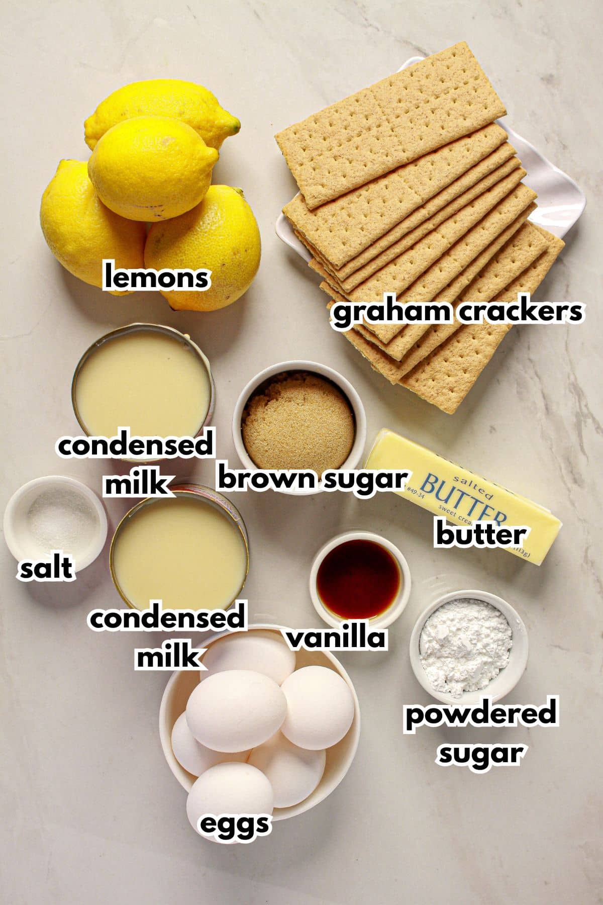 Ingredients for easy lemon bars on a counter ready to cook.
